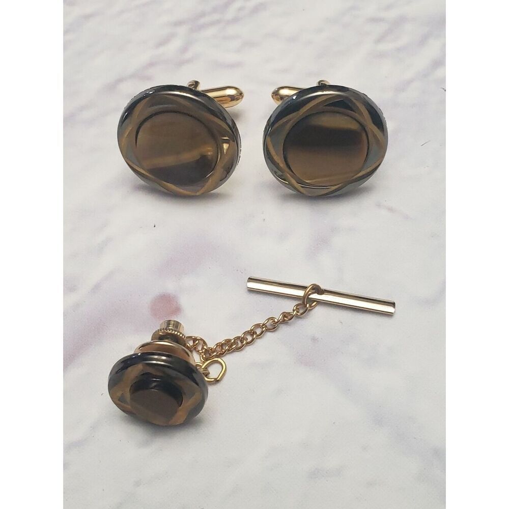 VINTAGE SWANK Cuff Links & Tie Tack Set Goldtone & Tiger's Eye